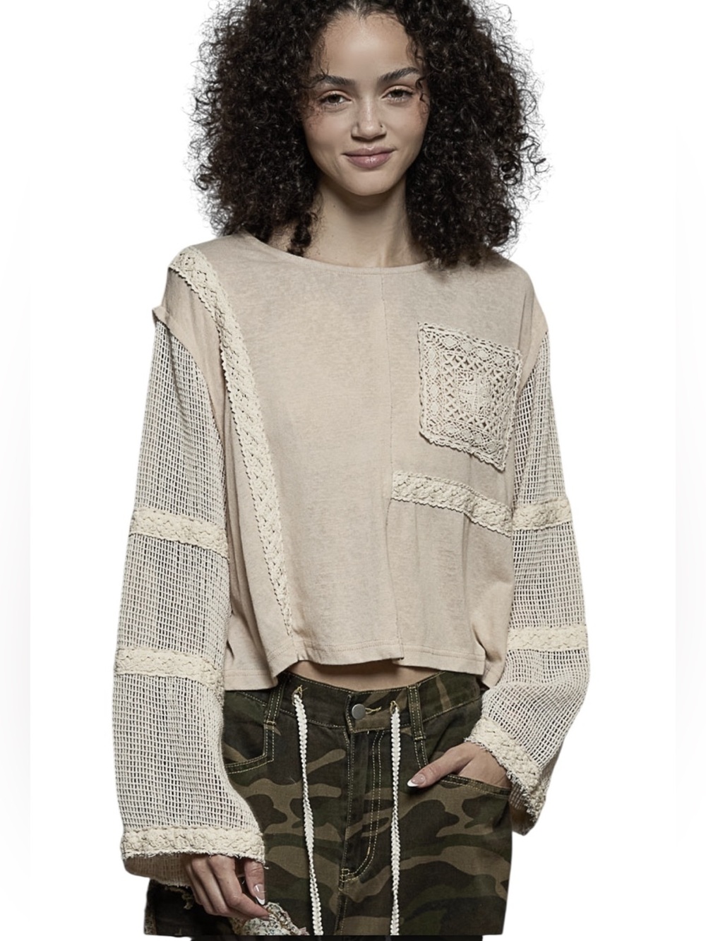 Pol Off White Cotton Round Neck Long Sleeve Crochet Patchwork Top